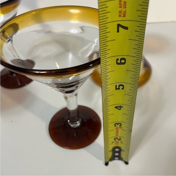 2 Amber Rimmed Stemware Glass 6” Hand-blown Mexican clear bar pedestal Glasses - Picture 3 of 9